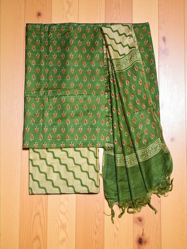 Green Hand Block Print Silk Unstitched Salwar Suit Set