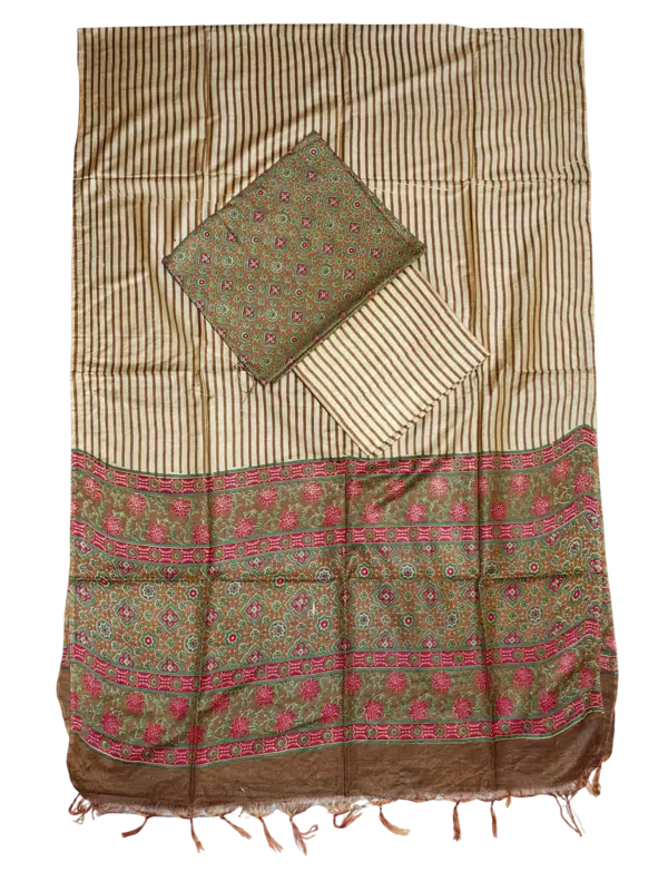 Olive Green Unstitched Batik Print Silk Salwar Suit Dress Material with Dupatta