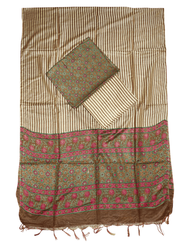 Olive Green Unstitched Batik Print Silk Salwar Suit Dress Material with Dupatta