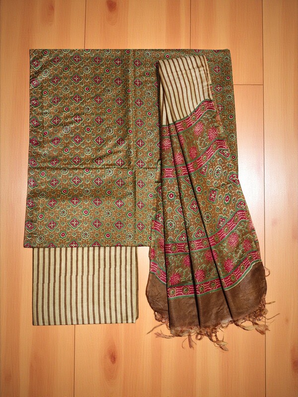 Olive Green Unstitched Batik Print Silk Salwar Suit Dress Material with Dupatta