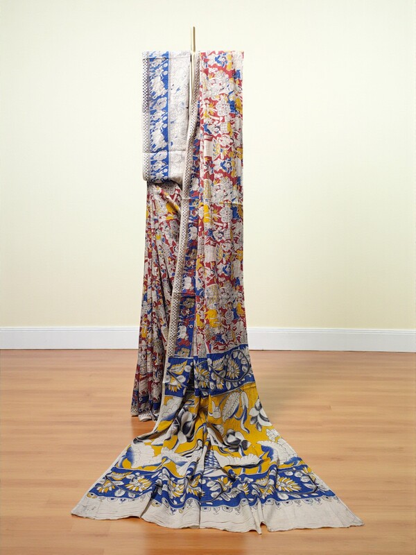 Red & Blue Kalamkari Cotton Saree with Blouse Piece