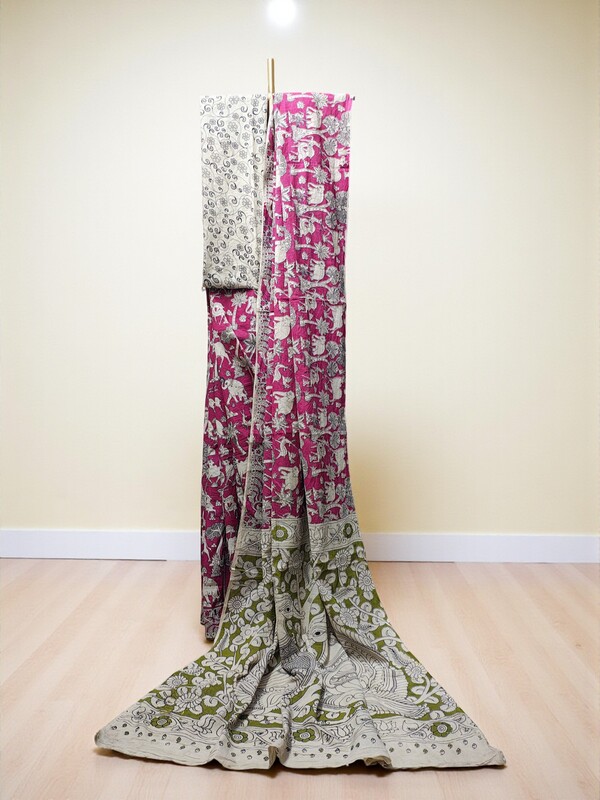 Dark Pink Kalamkari Cotton Saree with Blouse Piece
