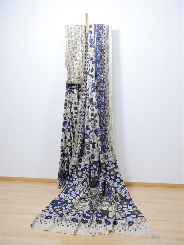 Blue Kalamkari Pure Cotton Saree with Blouse Piece