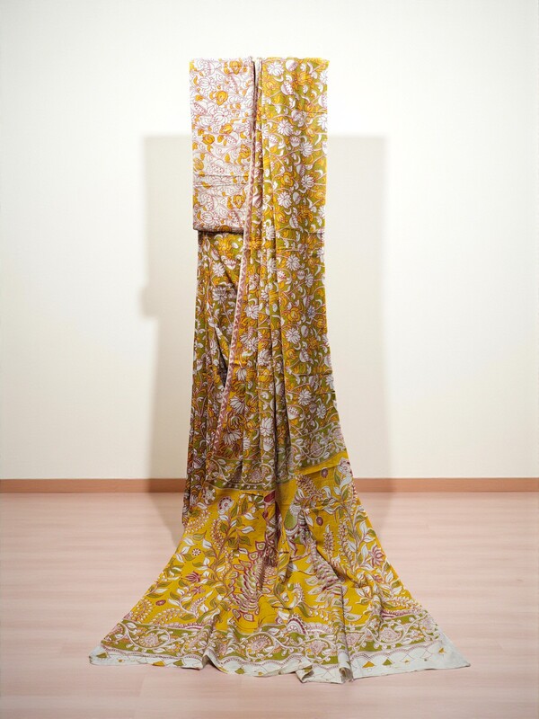 Yellow Kalamkari Cotton Saree with Blouse Piece