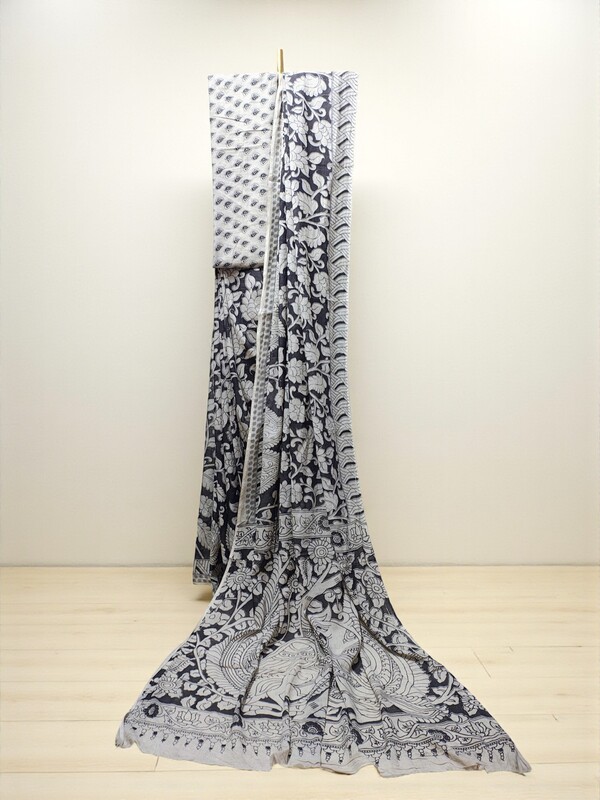 Black Kalamkari Pure Cotton Saree with Blouse Piece