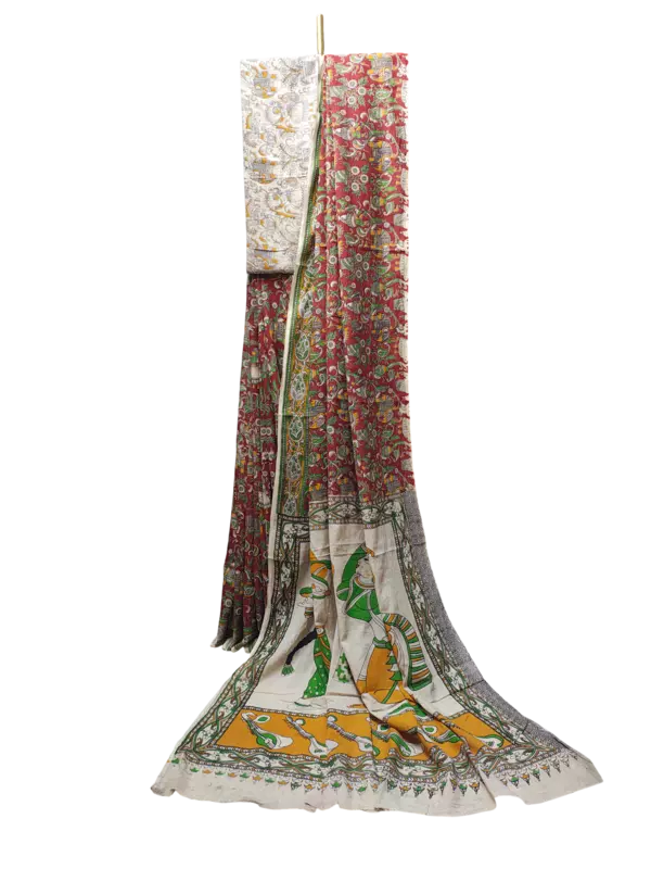 Red & Green Kalamkari Cotton Saree with Blouse Piece