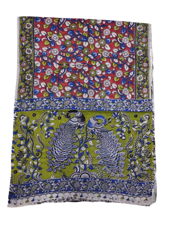 Red & Green Kalamkari Pure Cotton Saree with Blouse Piece