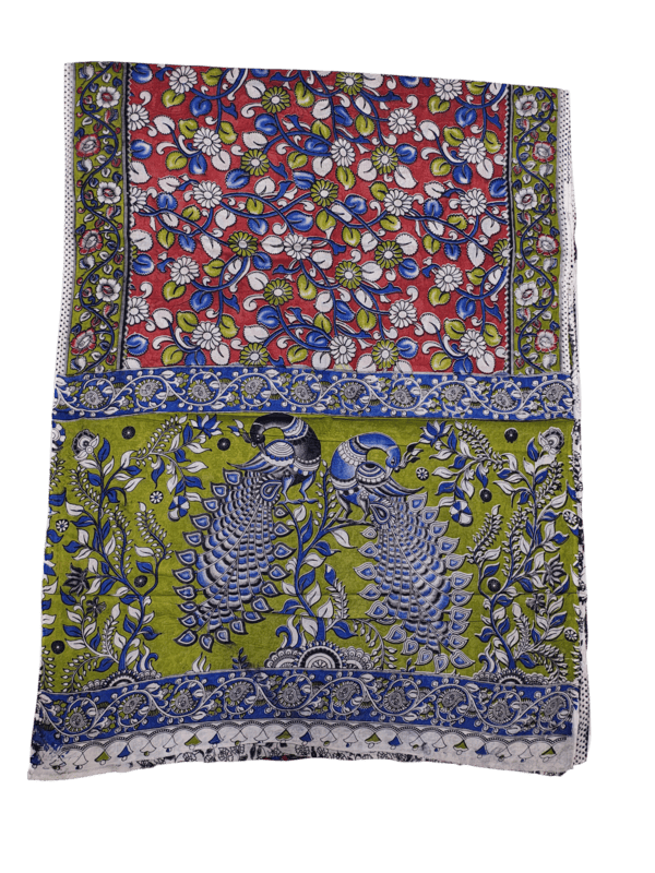 Red & Green Kalamkari Pure Cotton Saree with Blouse Piece