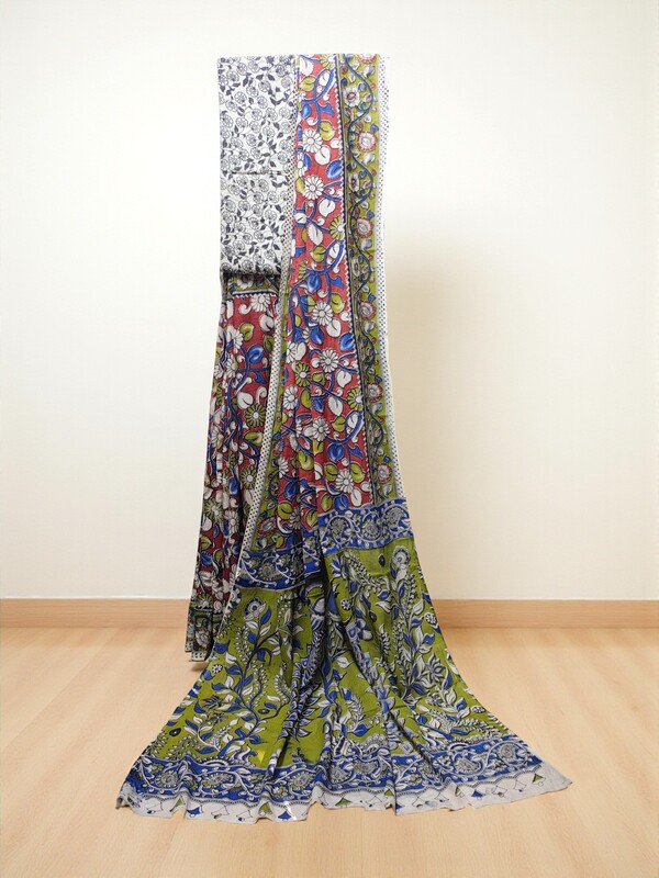 Red & Green Kalamkari Pure Cotton Saree with Blouse Piece