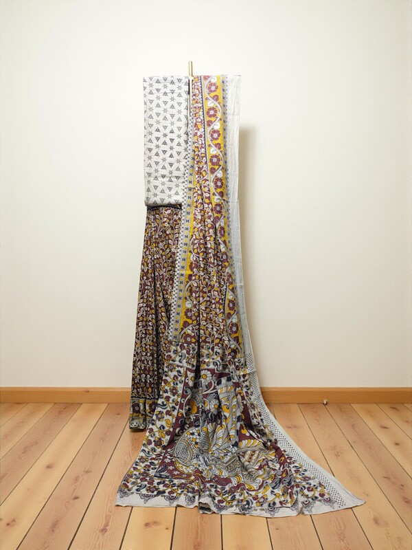 Maroon Kalamkari Pure Cotton Saree with Blouse Piece