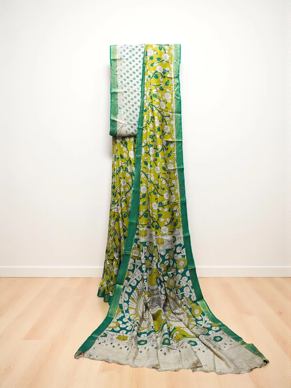 Green Kalamkari Silk Saree with Blouse Piece