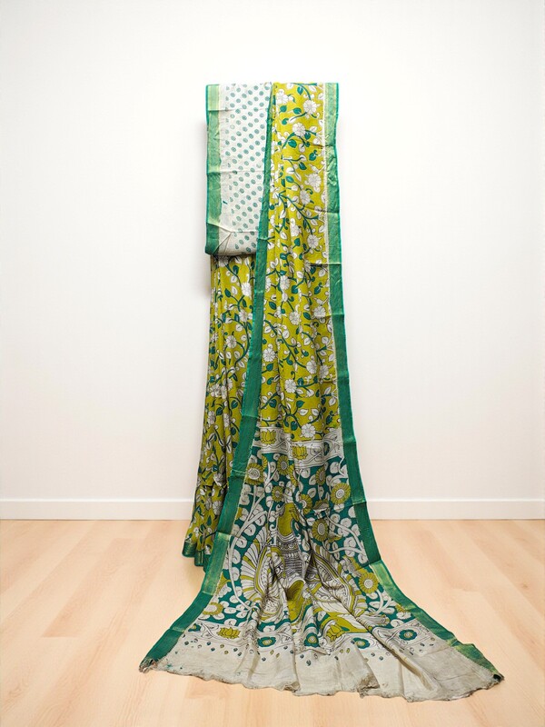 Green Kalamkari Silk Saree with Blouse Piece
