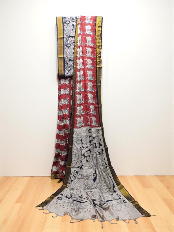 Maroon Kalamkari Silk Saree with Blouse Piece
