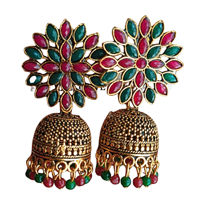 Traditional Floral Jhumka Earrings with Red and Green Stones