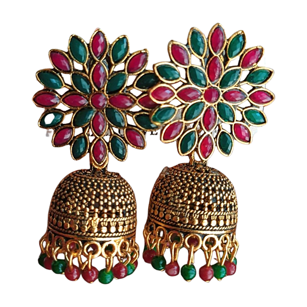 Traditional Floral Jhumka Earrings with Red and Green Stones