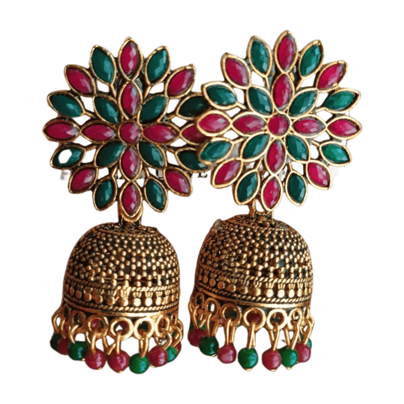 Traditional Floral Jhumka Earrings with Red and Green Stones