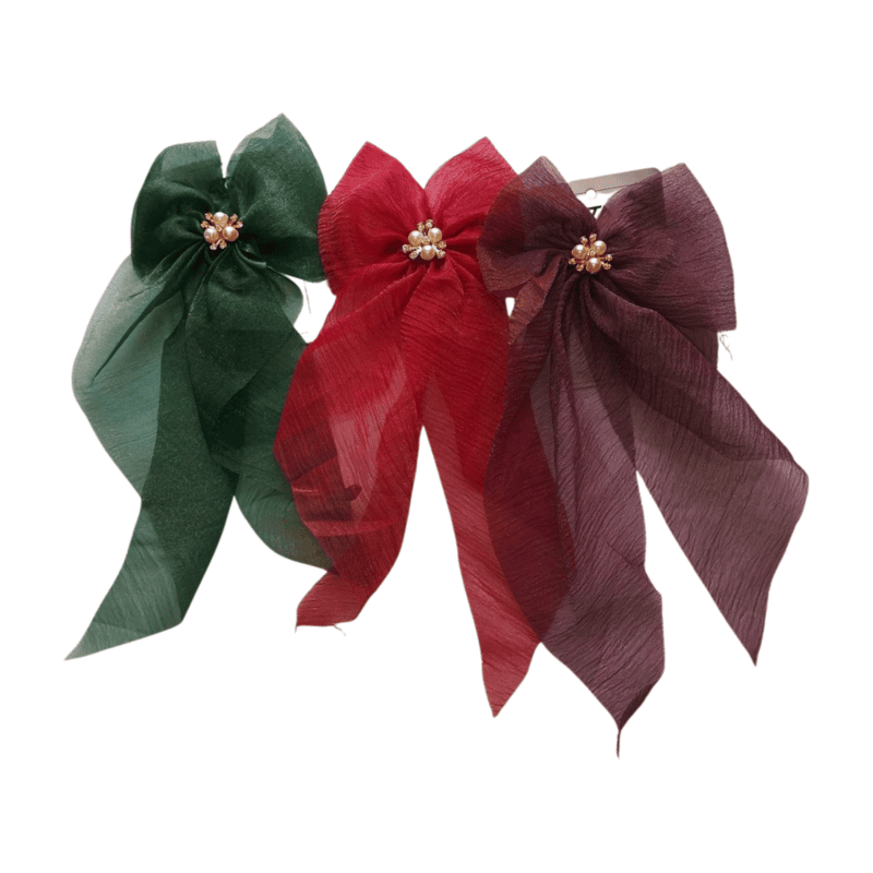 Elegant Sheer Organza Hair Bow Clip with Pearl Center- combo of 3