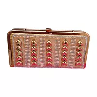 Golden Crystal Embellished Clutch with Metallic Finish
