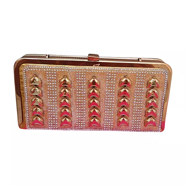 Golden Crystal Embellished Clutch with Metallic Finish
