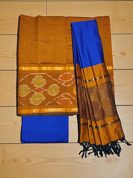 Mustard Pochampally Ikkat Silk Dress Material with Dupatta