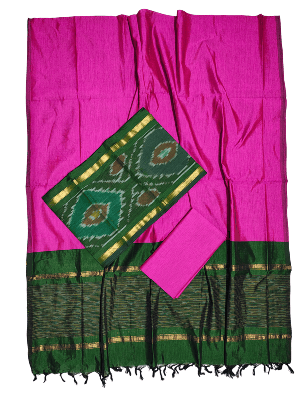 Green & Pink  Pochampally Ikkat Silk Dress Material with Dupatta