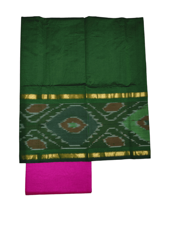 Green & Pink  Pochampally Ikkat Silk Dress Material with Dupatta
