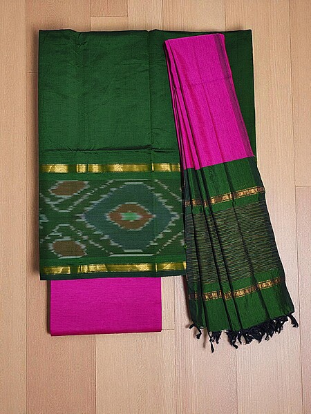 Green & Pink Pochampally Ikkat Silk Dress Material with Dupatta