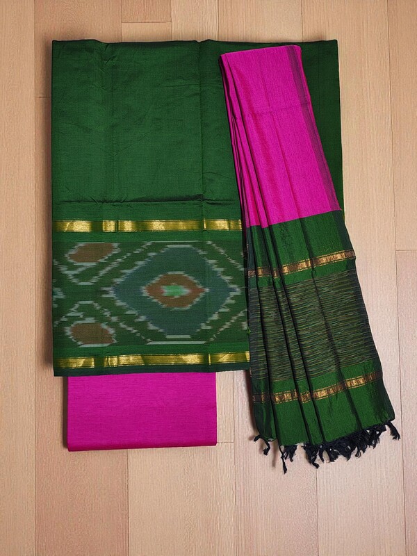 Green & Pink  Pochampally Ikkat Silk Dress Material with Dupatta