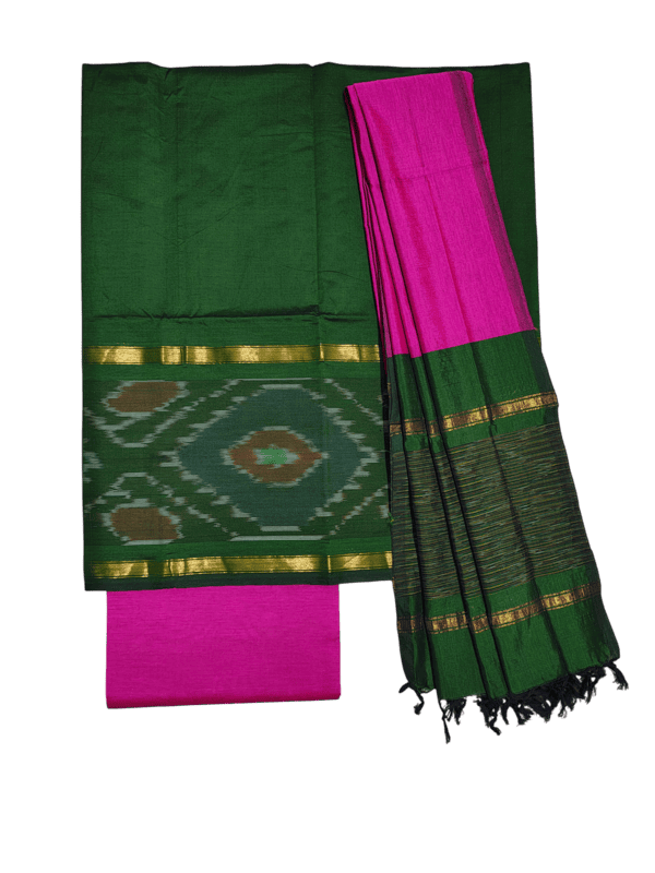Green & Pink  Pochampally Ikkat Silk Dress Material with Dupatta