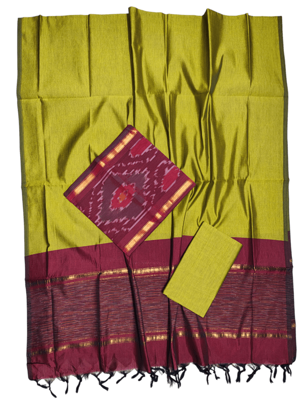 Maroon & Mustard Pochampally Ikkat Silk Dress Material with Dupatta