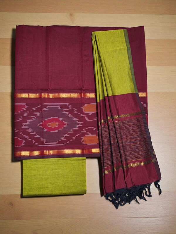 Maroon & Mustard Pochampally Ikkat Silk Dress Material with Dupatta