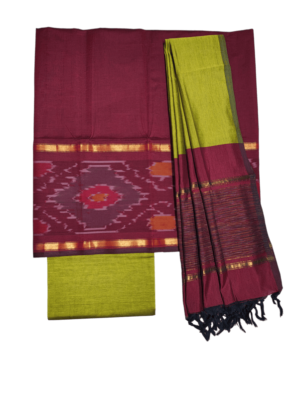 Maroon & Mustard Pochampally Ikkat Silk Dress Material with Dupatta
