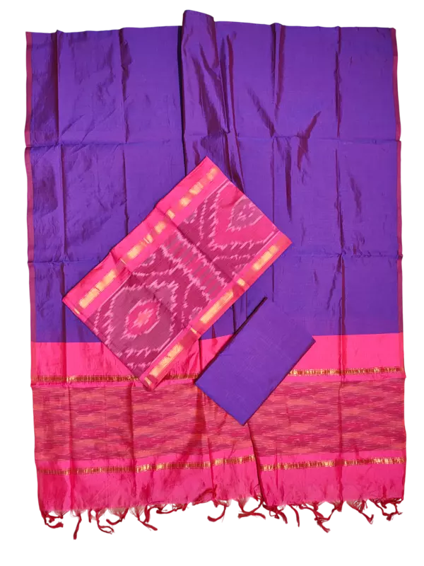 Pink & Purple Pochampally Ikkat Silk Dress Material with Dupatta