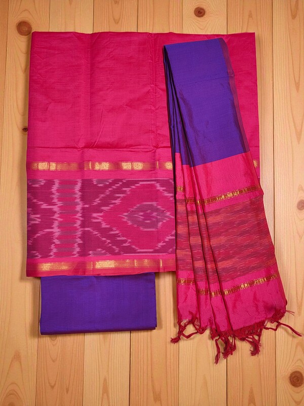 Pink & Purple Pochampally Ikkat Silk Dress Material with Dupatta