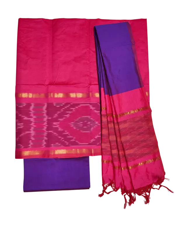 Pink & Purple Pochampally Ikkat Silk Dress Material with Dupatta
