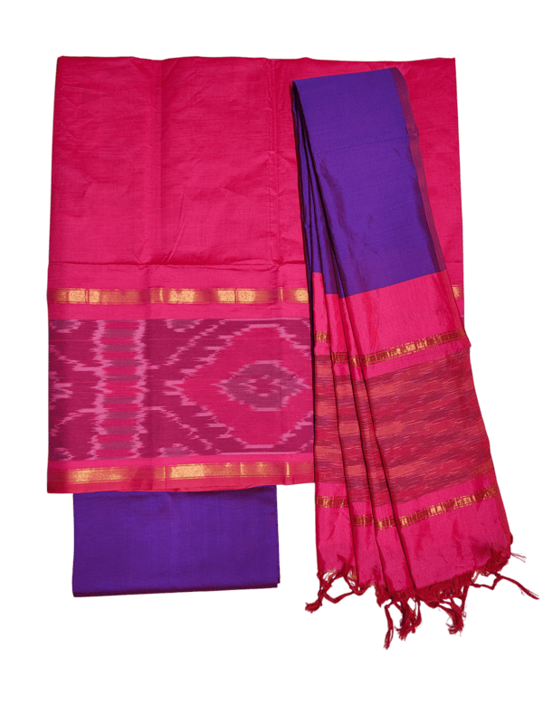 Pink & Purple Pochampally Ikkat Silk Dress Material with Dupatta
