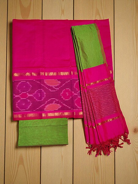 Magenta Pink Pochampally Ikkat Silk Dress Material with Dupatta