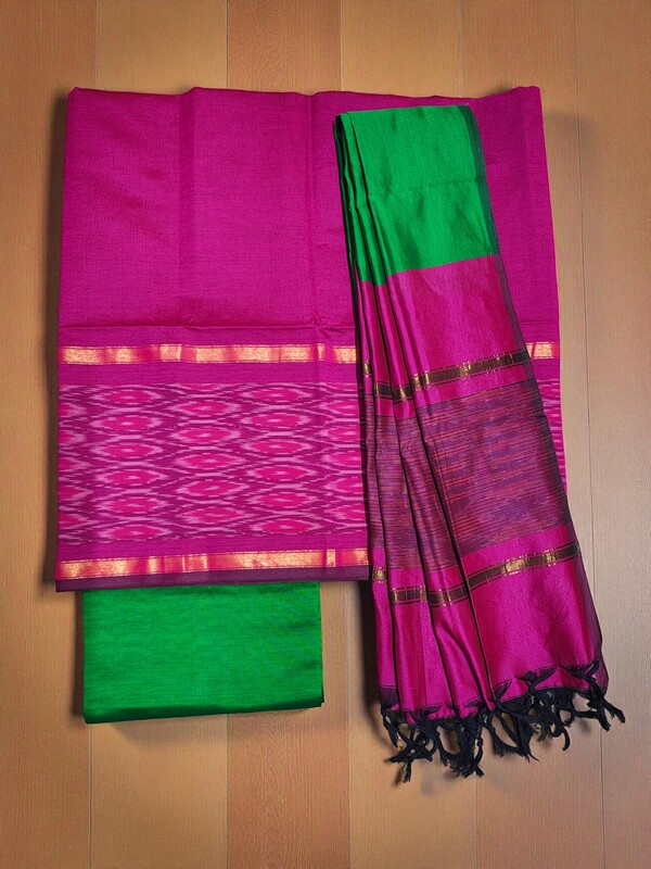Pink Pochampally Ikkat Silk Dress Material with Dupatta