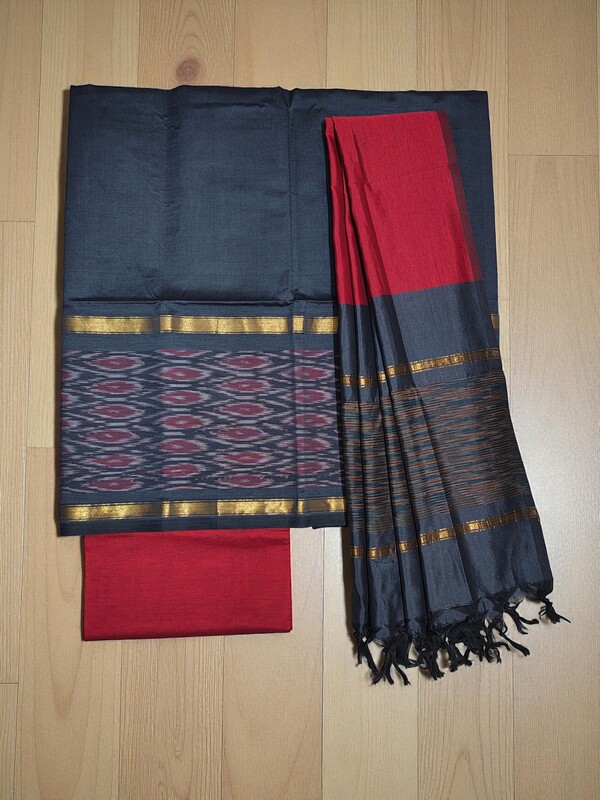 Grey & Maroon Pochampally Ikkat Silk Unstitched Suit Set
