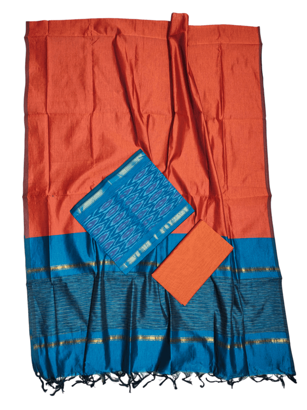 Firoza & Orange Pochampally Ikkat Silk Unstitched Suit Set