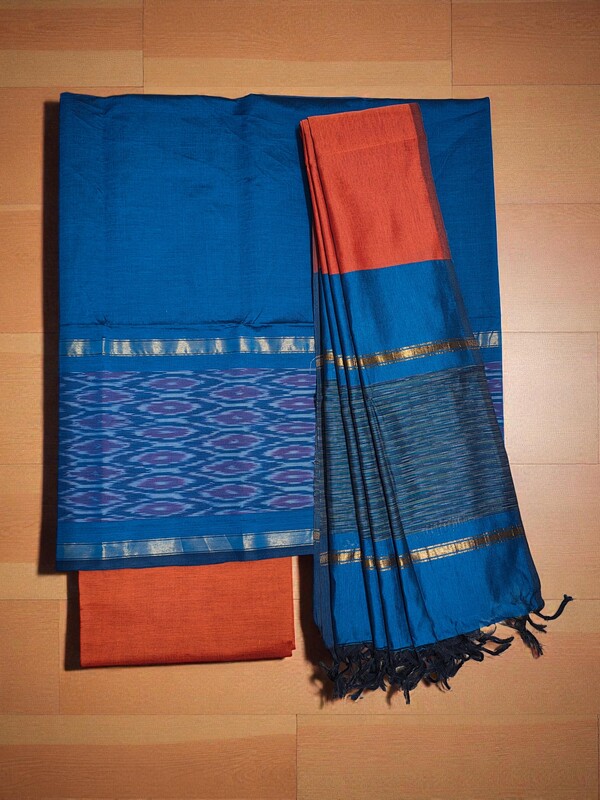 Firoza & Orange Pochampally Ikkat Silk Unstitched Suit Set