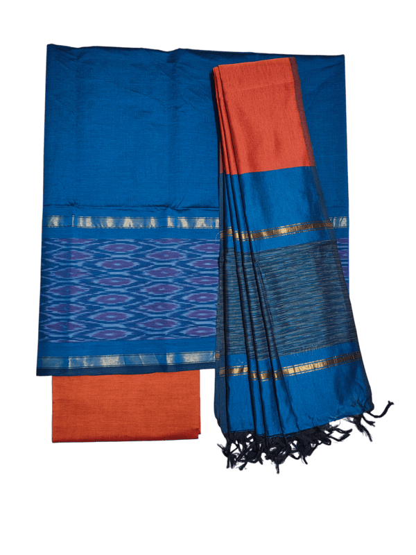 Firoza & Orange Pochampally Ikkat Silk Unstitched Suit Set