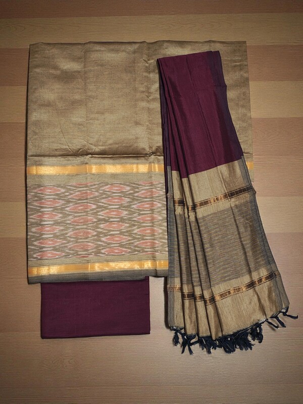 Beige & Maroon Pochampally Ikkat Silk Unstitched Suit Set