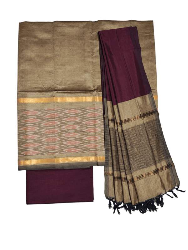 Beige & Maroon Pochampally Ikkat Silk Unstitched Suit Set