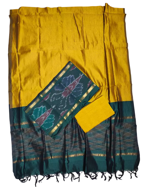 Green & Maroon Pochampally Ikkat Silk Dress Material with Dupatta