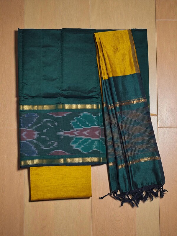 Green & Maroon Pochampally Ikkat Silk Dress Material with Dupatta