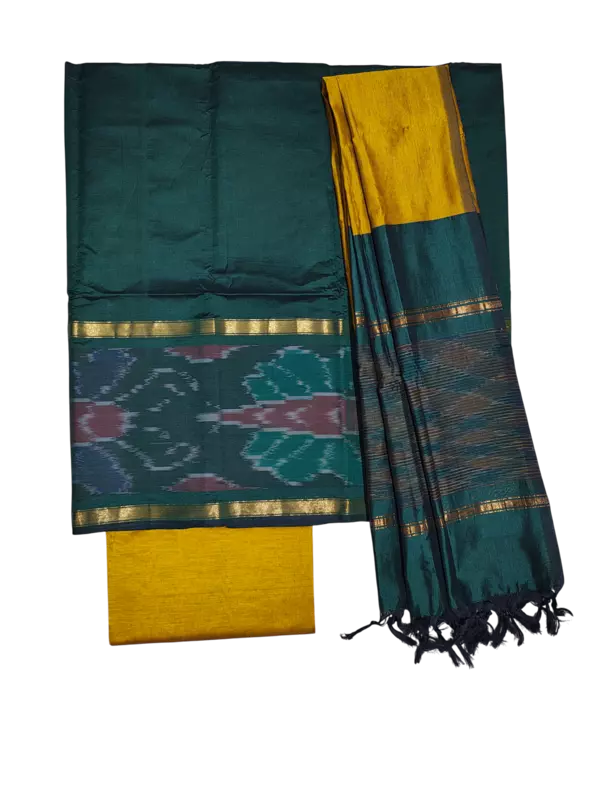 Green & Maroon Pochampally Ikkat Silk Dress Material with Dupatta