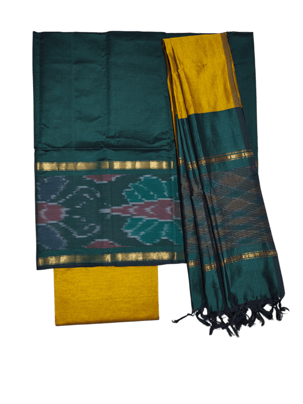 Green & Maroon Pochampally Ikkat Silk Dress Material with Dupatta