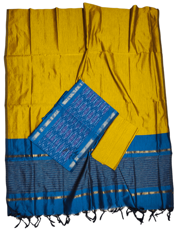 Firoza & Mustard Pochampally Ikkat Silk Unstitched Suit Set