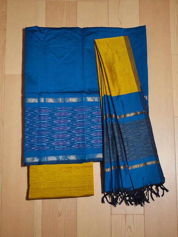 Firoza & Mustard Pochampally Ikkat Silk Unstitched Suit Set